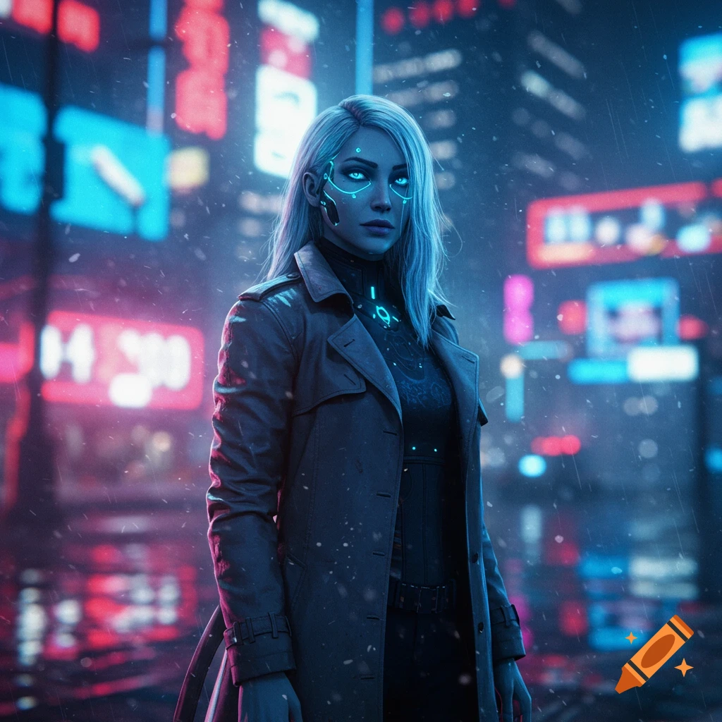 A cyberpunk woman with blue silver hair and glowing cybernetic features on her face, wearing a trench coat in a neon-lit city at night.