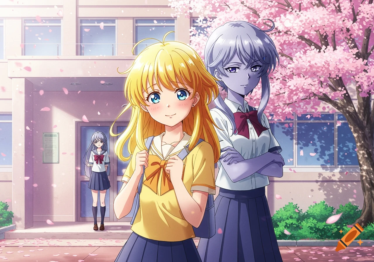 An anime image of two schoolgirls, one blonde and smiling, one grey-haired looking stern, in front of a school with cherry blossoms. A third girl stands in the background.