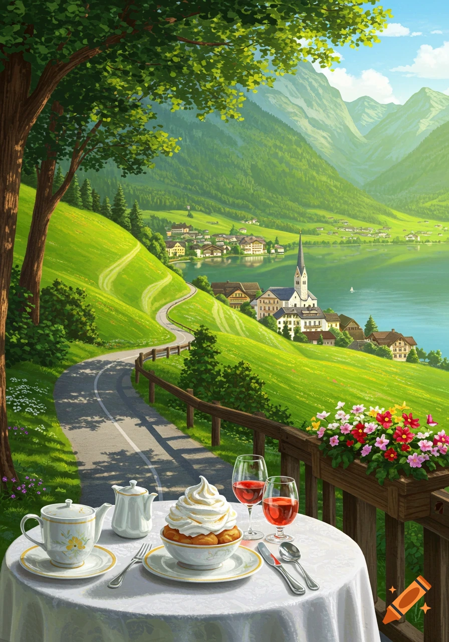 A table with dessert and drinks on a balcony overlooking a picturesque lakeside village, winding road, and lush green mountains.