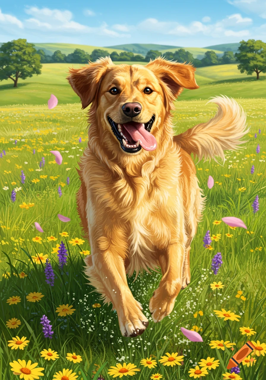 A happy golden retriever runs through a vibrant field of yellow and purple wildflowers under a blue sky, in an illustrative style.