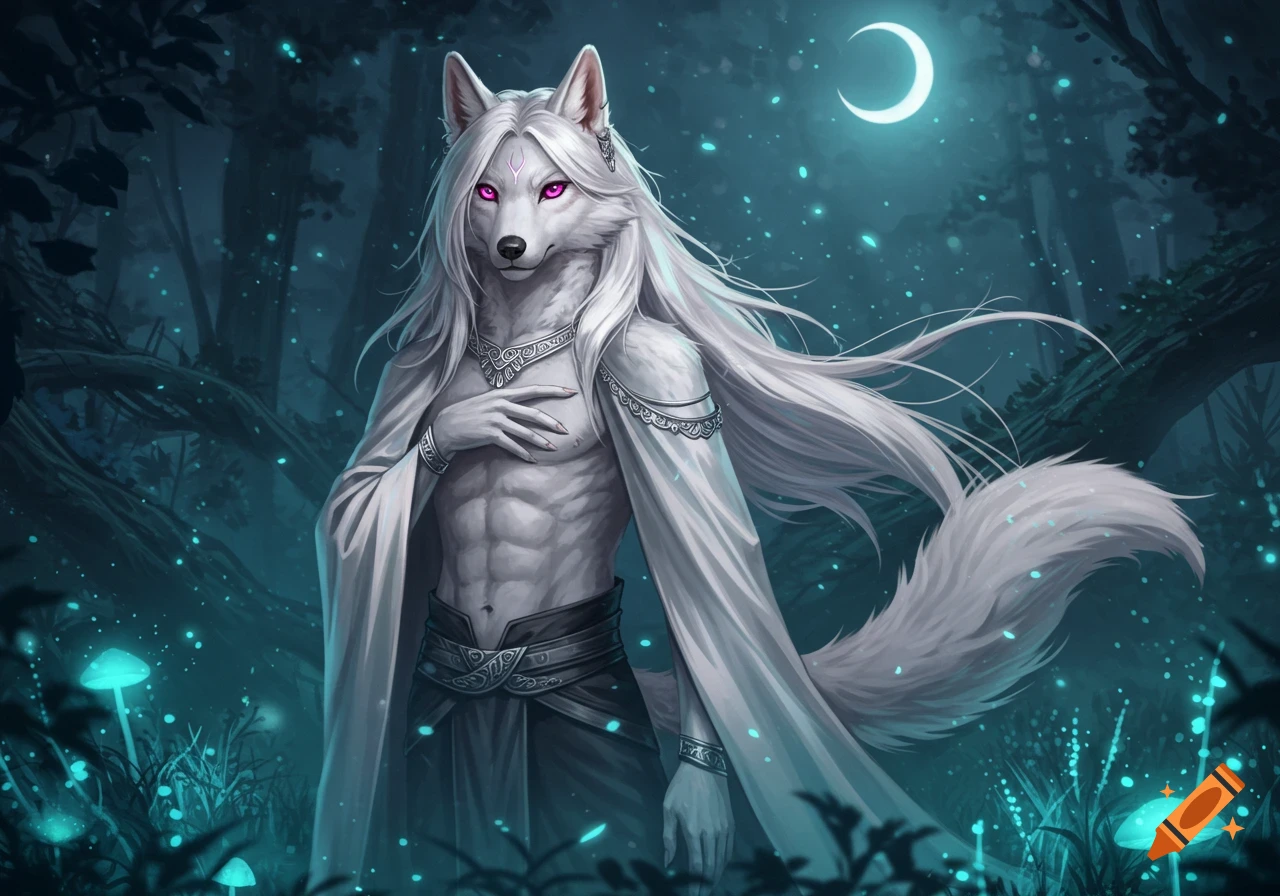 An anthro white wolf with long white hair, pink eyes, and a cloak in a magical forest with glowing mushrooms under a crescent moon, digital art.