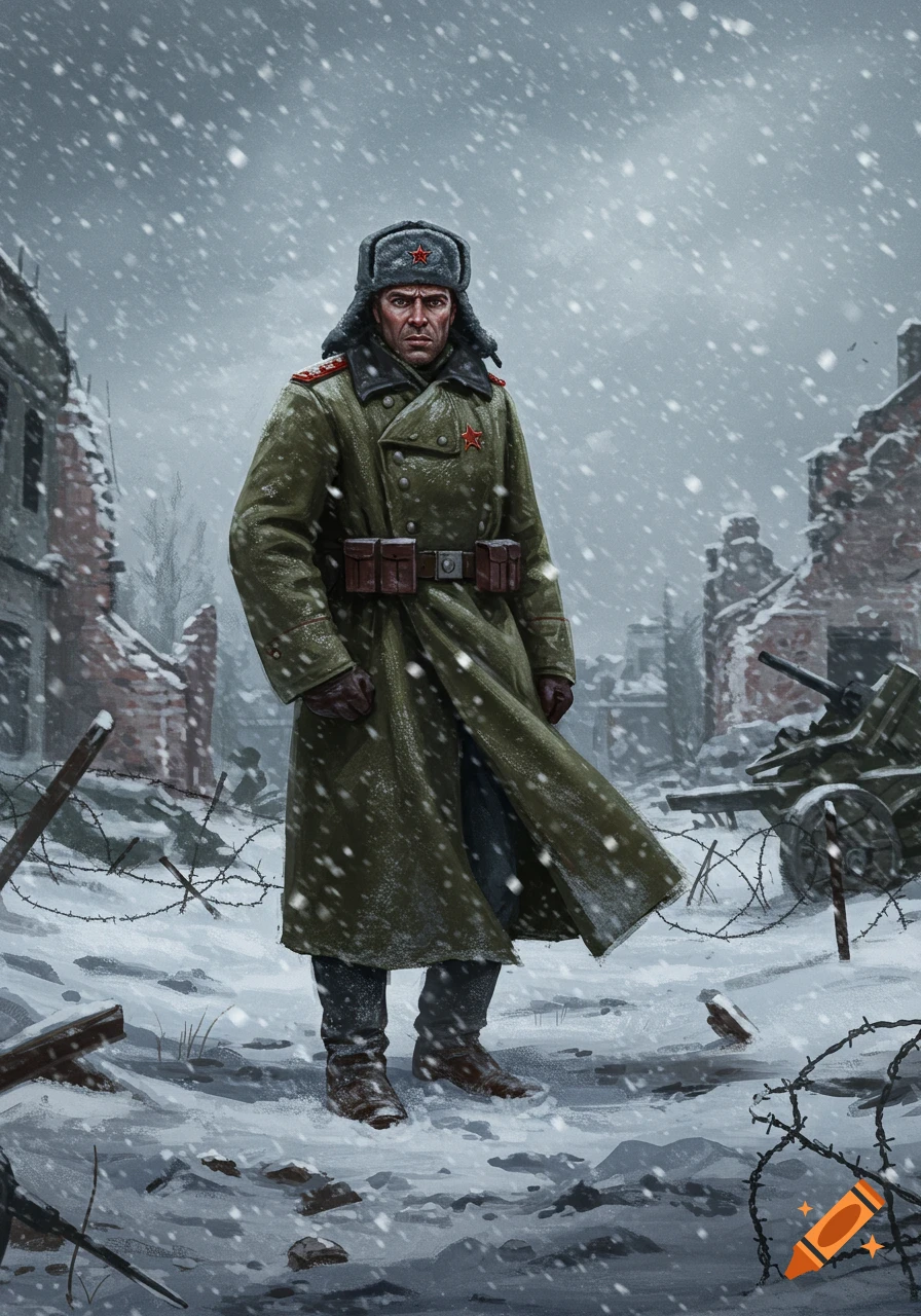 A realistic illustration of a Soviet soldier in a winter coat and fur hat standing in a snowy, war-torn city.