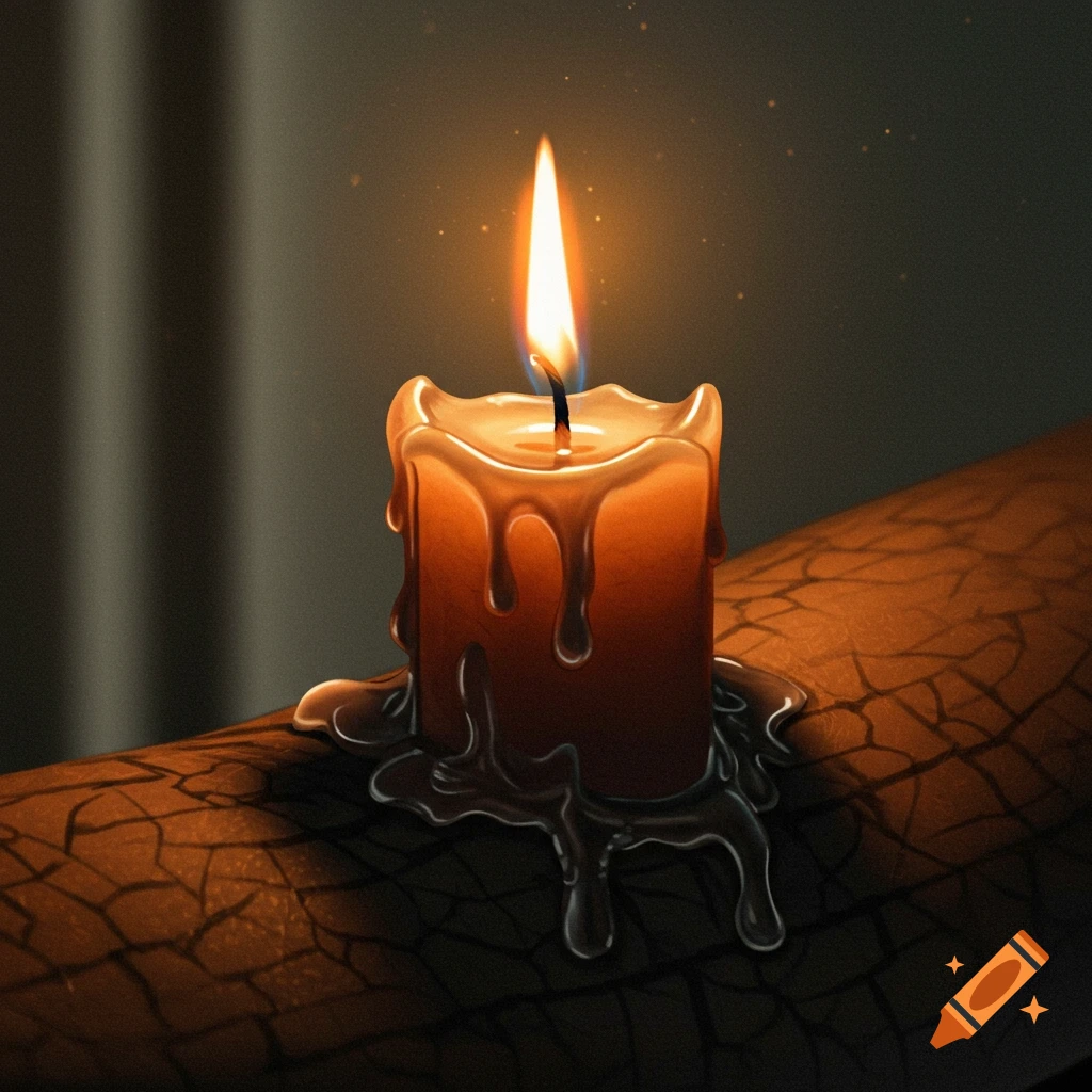 A stylized burning candle with melted wax dripping onto a dark, cracked surface, glowing with warm light.