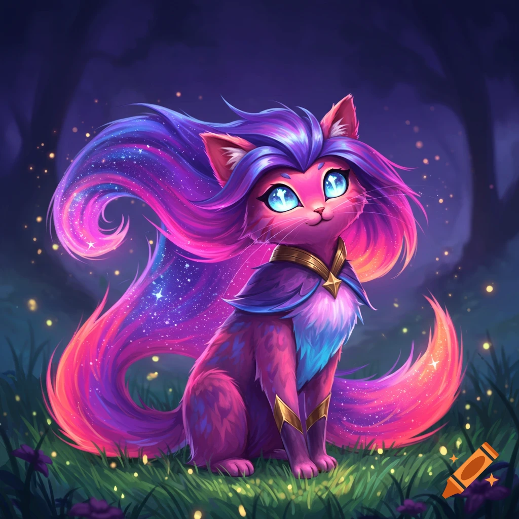 A stylized pink cat with glowing blue eyes, cosmic purple and pink hair, and a cape, sitting in a magical forest.
