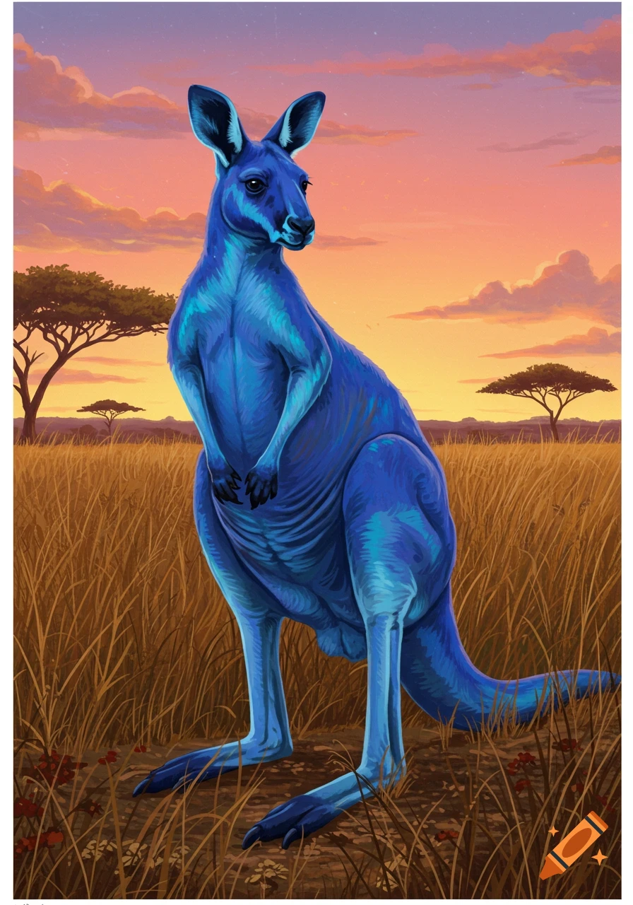 A vibrant blue kangaroo stands in a golden savanna field under a colorful sunset sky.