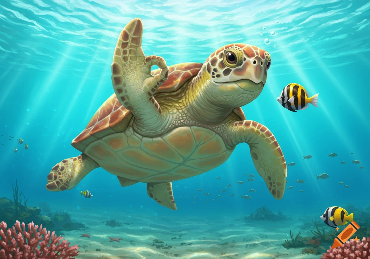 A smiling cartoon sea turtle underwater gives an 'OK' sign with its flipper, surrounded by coral, fish, and ocean light.