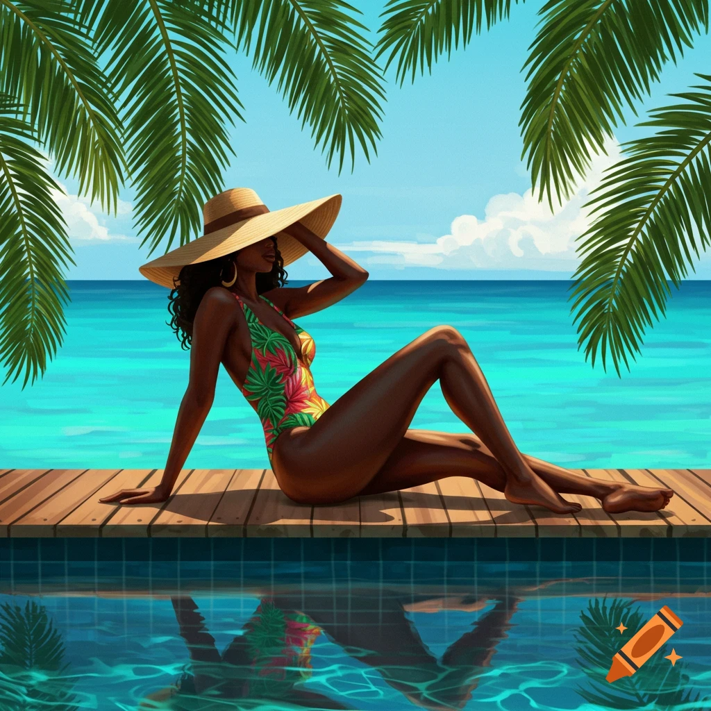 Dark-skinned woman in a floral one-piece swimsuit and large hat sits on a wooden deck by blue tropical water under palm leaves.