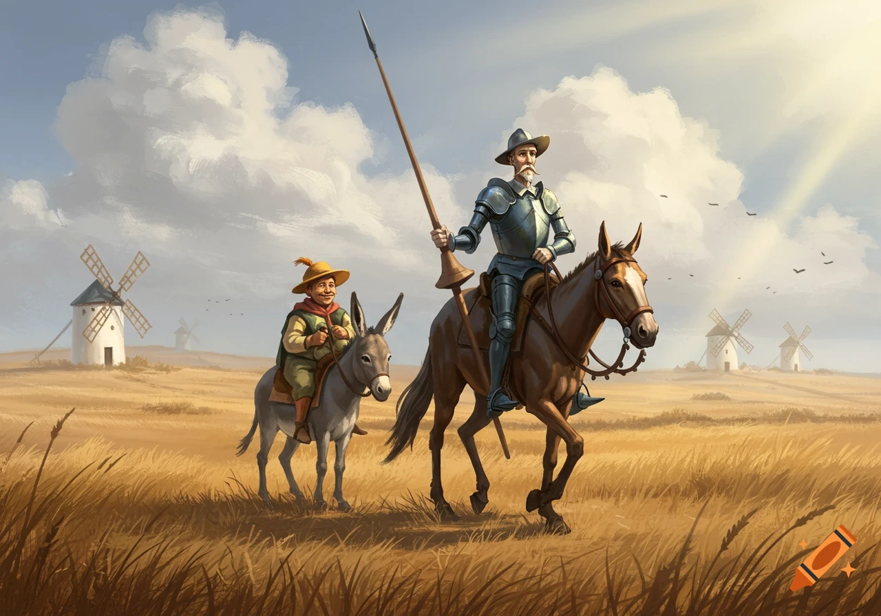 Don Quijote on a horse and Sancho Panza on a donkey ride through a field with windmills under a cloudy sky.