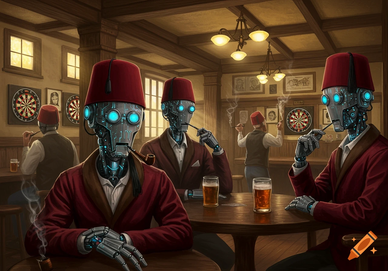 Robots in fezzes and smoking jackets relax in a cozy, dimly lit pub, smoking pipes and drinking beer, with dartboards on the wall.