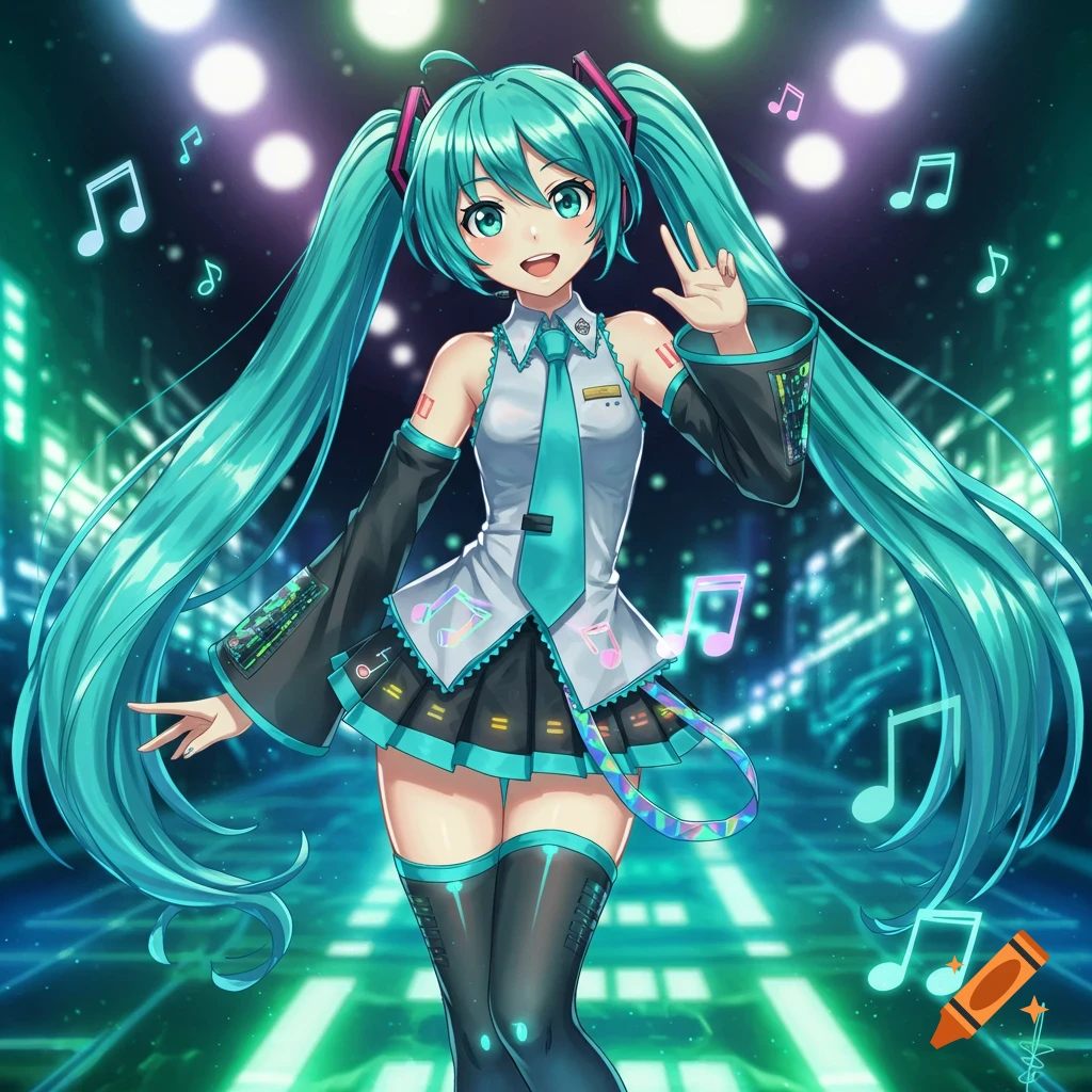 An anime girl with long aqua pigtails, wearing a white and teal outfit, smiles and waves on a glowing stage surrounded by musical notes.
