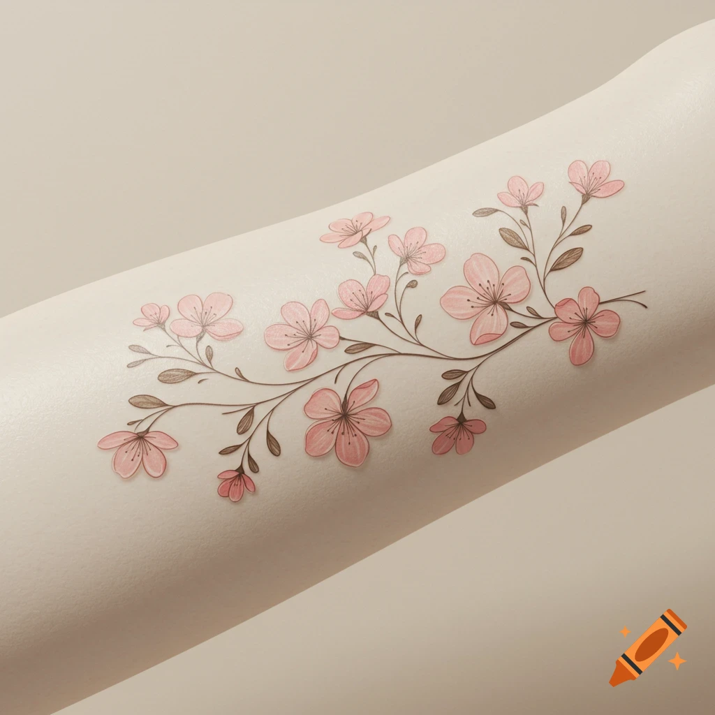 A delicate pink floral vine tattoo with brown stems and leaves on a light-colored arm or leg, rendered in a soft, translucent style.