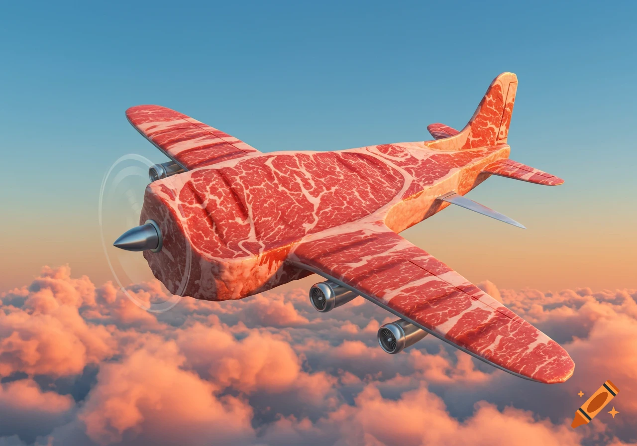 A photorealistic airplane made entirely of raw red meat, with a propeller and jet engines, flying through a cloudy sky.