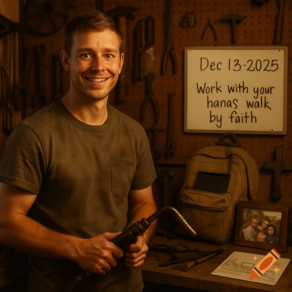 A smiling man holds a welding torch in a workshop with tools. A whiteboard and family photo are in the background.