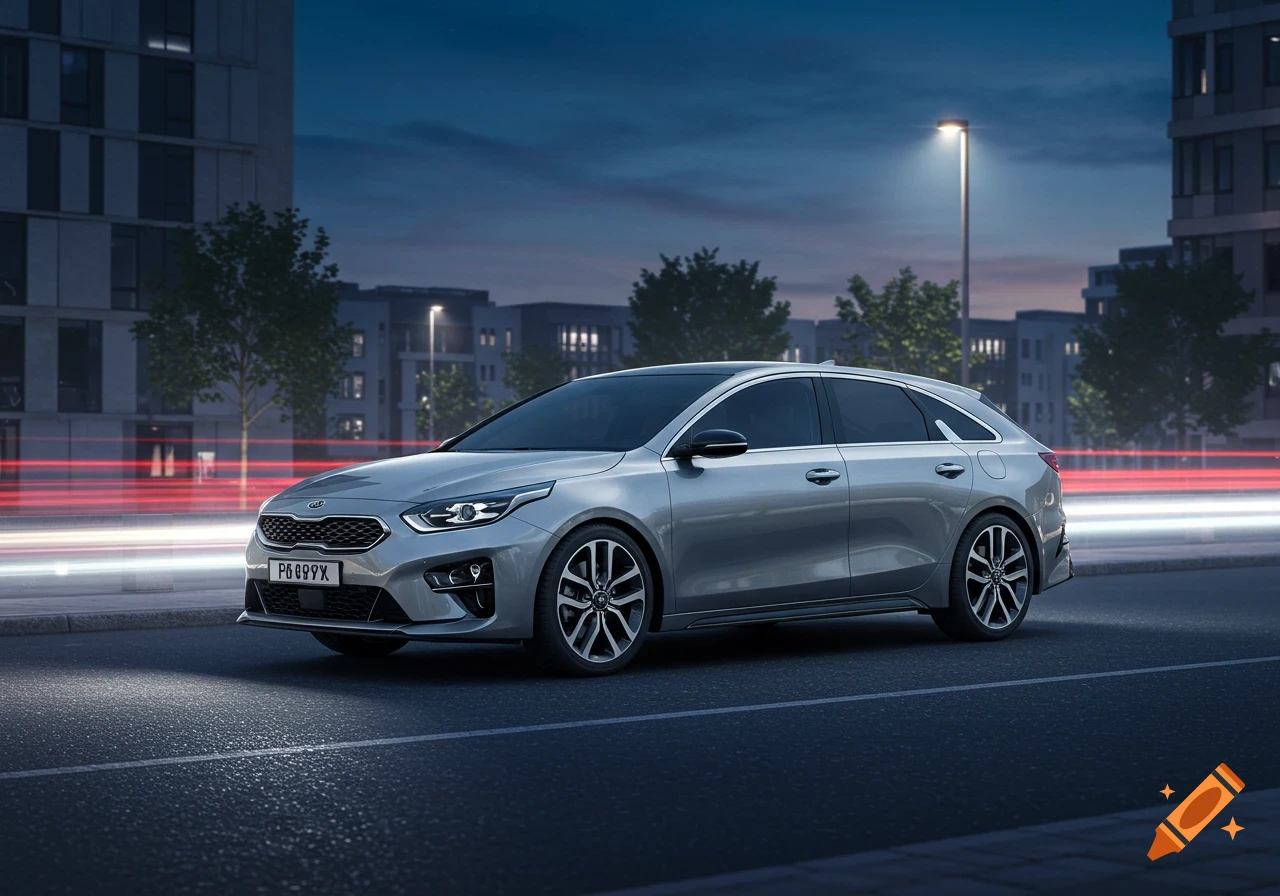Silver Kia car parked on a city street at dusk with buildings and light trails.