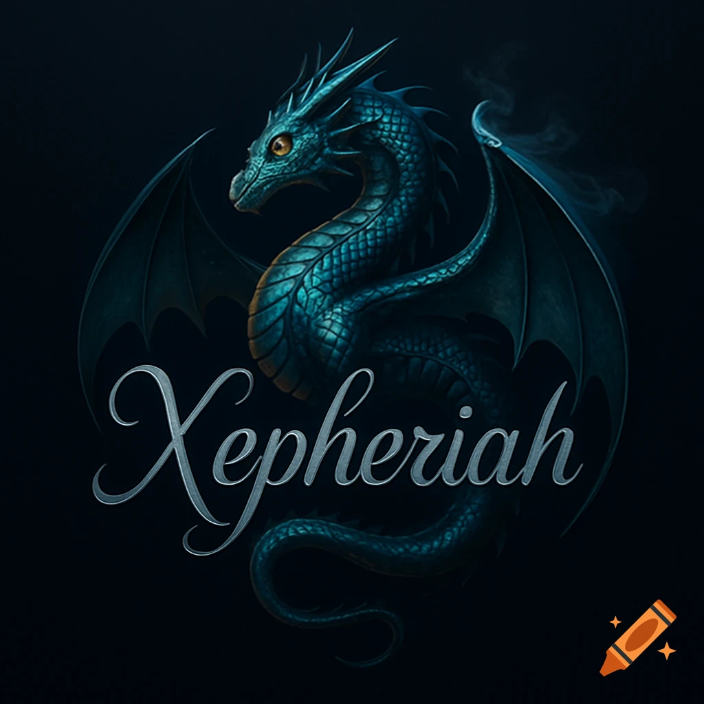 A dark teal dragon with large wings and golden eyes, above the stylized silver script text 'Xepheriah' on a dark background.