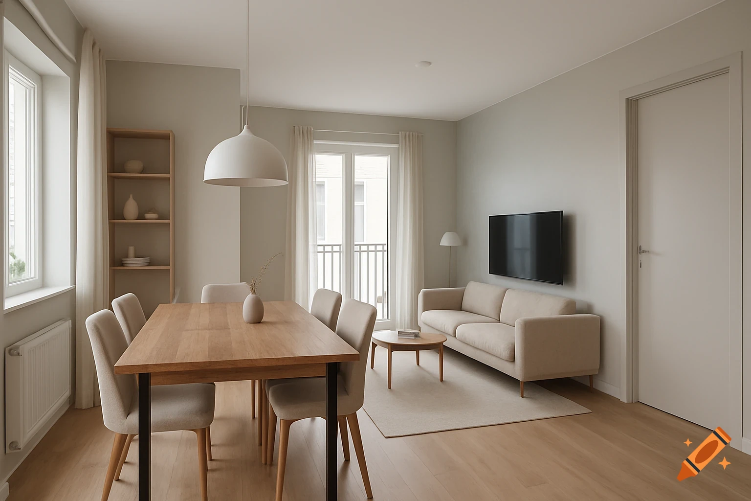 A modern Scandinavian living and dining room with a wooden table and chairs, a beige sofa, and a wall-mounted TV.