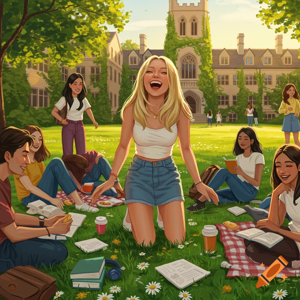 A group of happy college students, including a laughing blonde woman, relaxing on the grass with books and snacks in front of a grand university building on a sunny day.