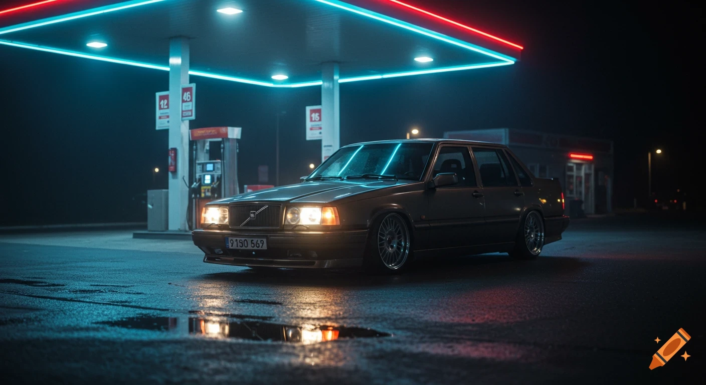 A dark brown Volvo sedan with headlights on, parked at a neon-lit gas station at night, with wet asphalt reflecting the lights.