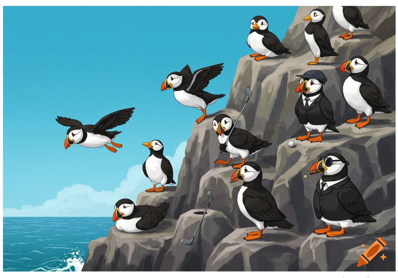 A detailed cartoon of puffins on a cliff by the ocean. One flies, one sleeps, one golfs, one in a suit smokes a cigar, another wears sunglasses.