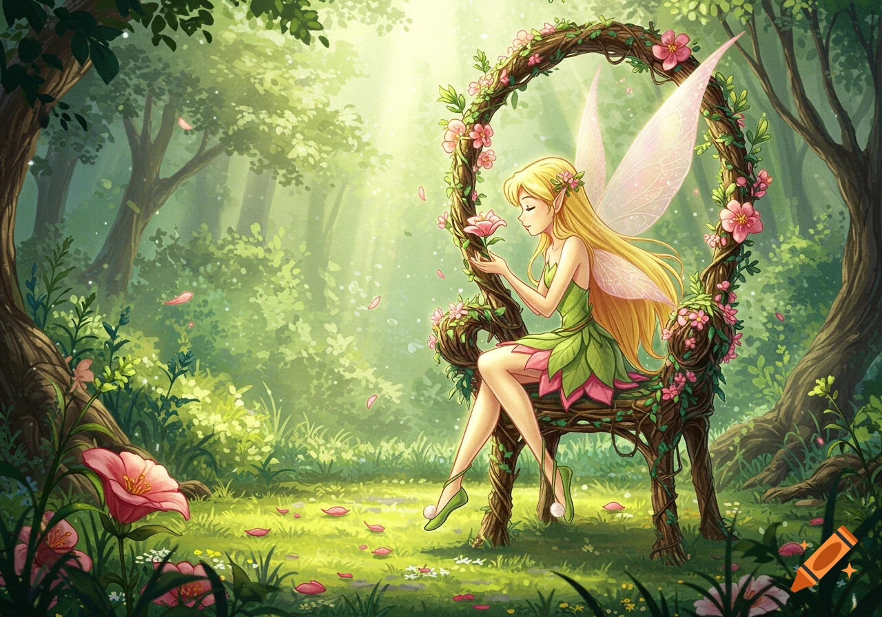 A blonde fairy with pink wings sits on a flower-covered vine chair in a sunny, magical forest, delicately holding a pink flower. Anime art style.