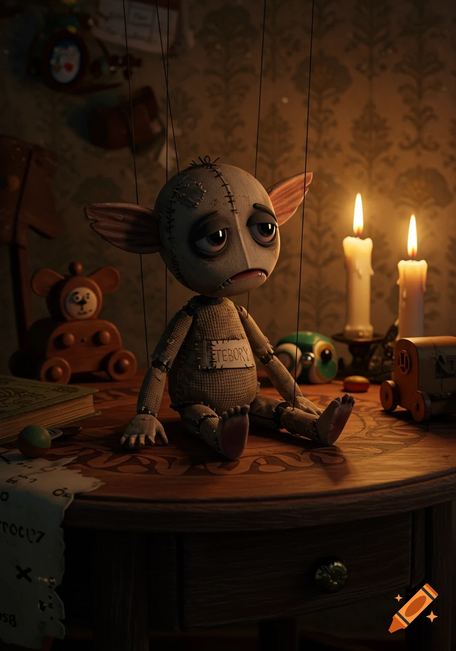 A sad, stitched puppet with large ears sits on a candle-lit wooden table, surrounded by other toys in a dimly lit room.