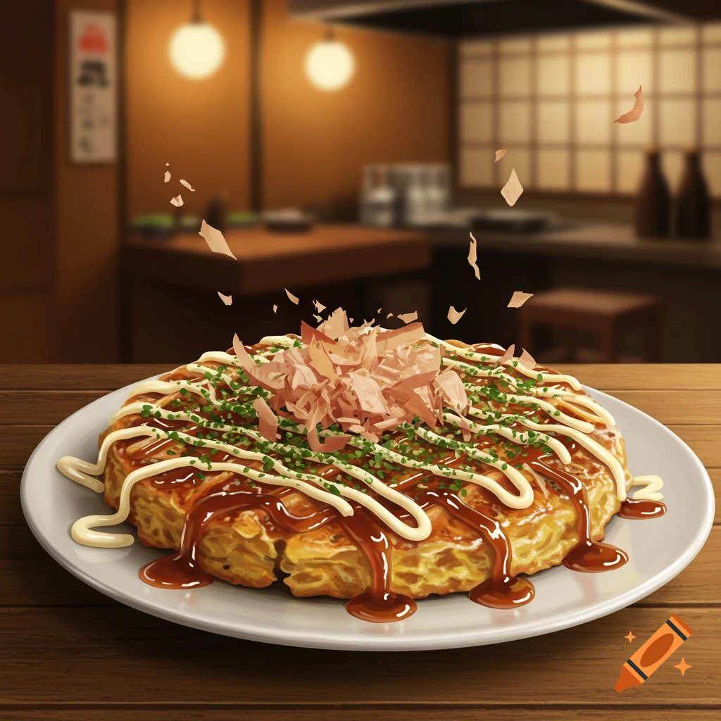 An illustrated Okonomiyaki savory pancake topped with sauce, mayo, green onions, and bonito flakes on a wooden table.