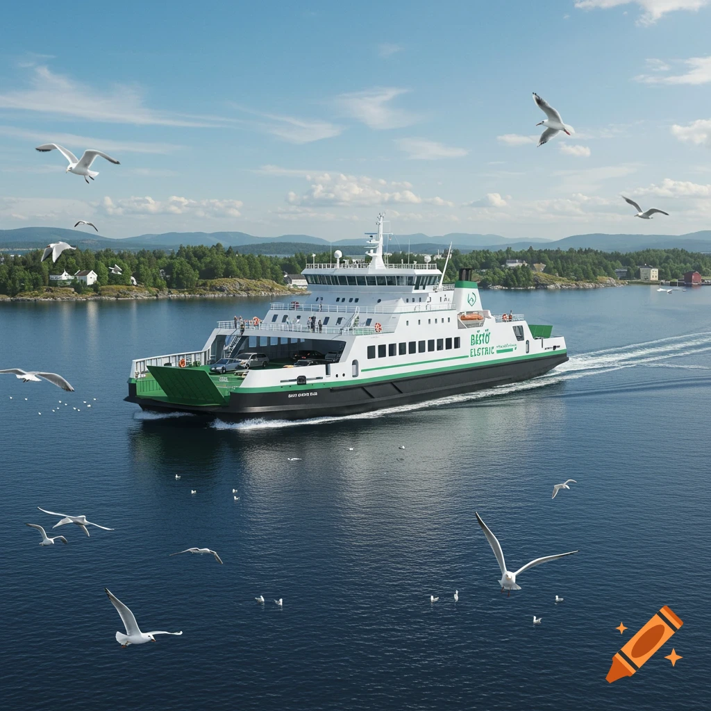 A white and green car ferry, "Bastø Electric", sails on blue water, surrounded by flying seagulls, with a treed coastline in the background.