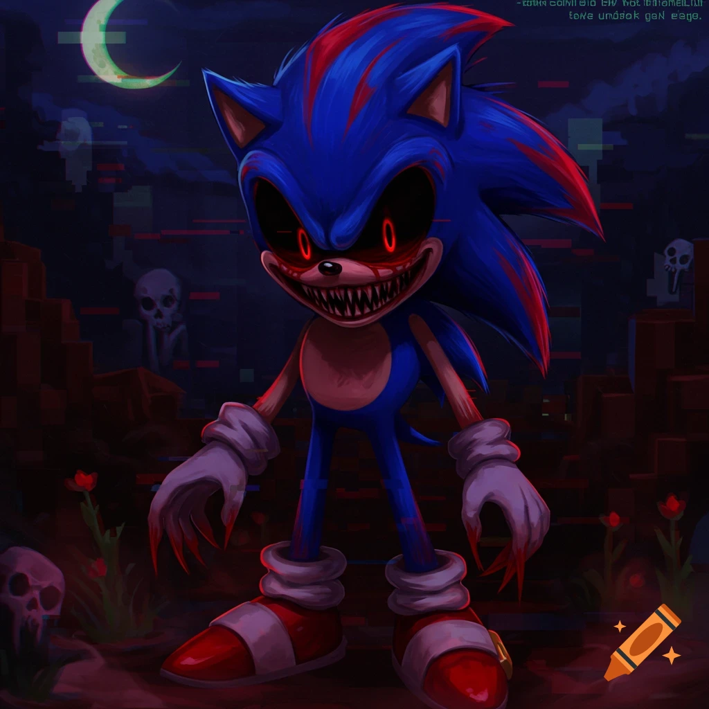 Demonic Sonic.exe with red eyes and bloodied claws stands in a dark, glitchy landscape with skulls under a crescent moon.