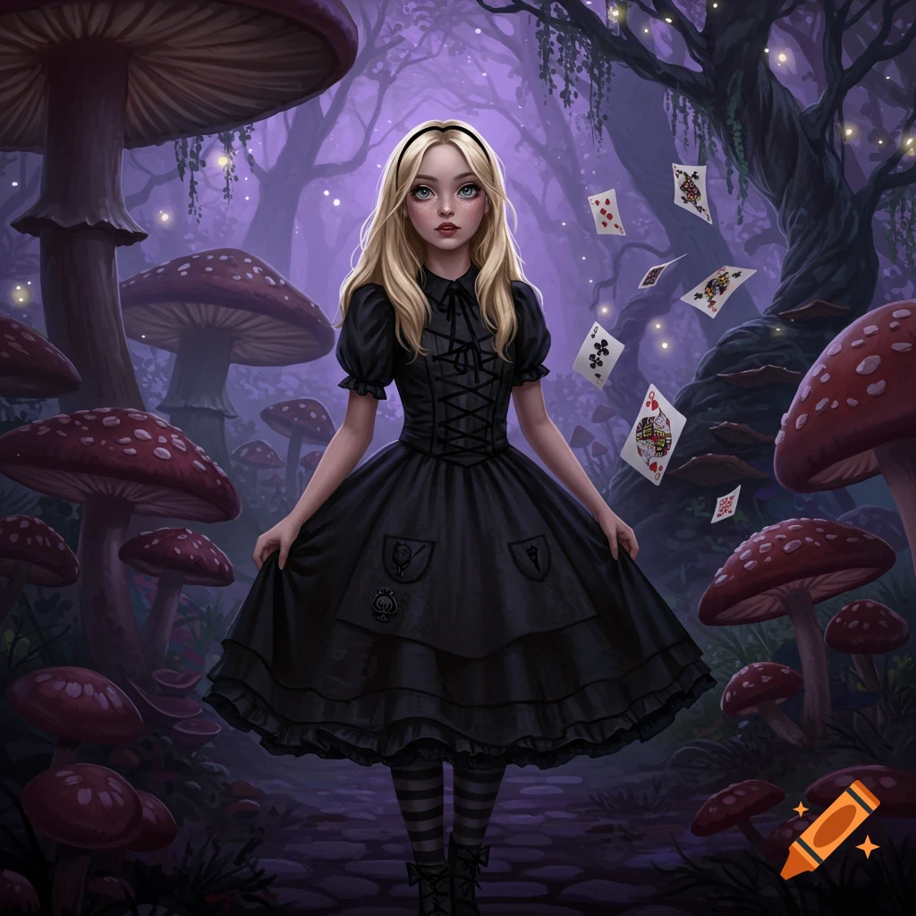 A girl resembling Alice in Wonderland in a black dress stands in a mystical purple forest with giant red-spotted mushrooms and floating playing cards.
