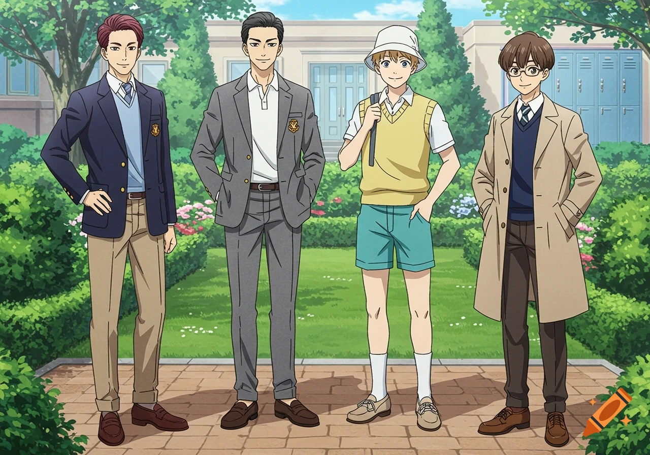 Four male anime characters in preppy school attire stand in a manicured garden outside a school building.