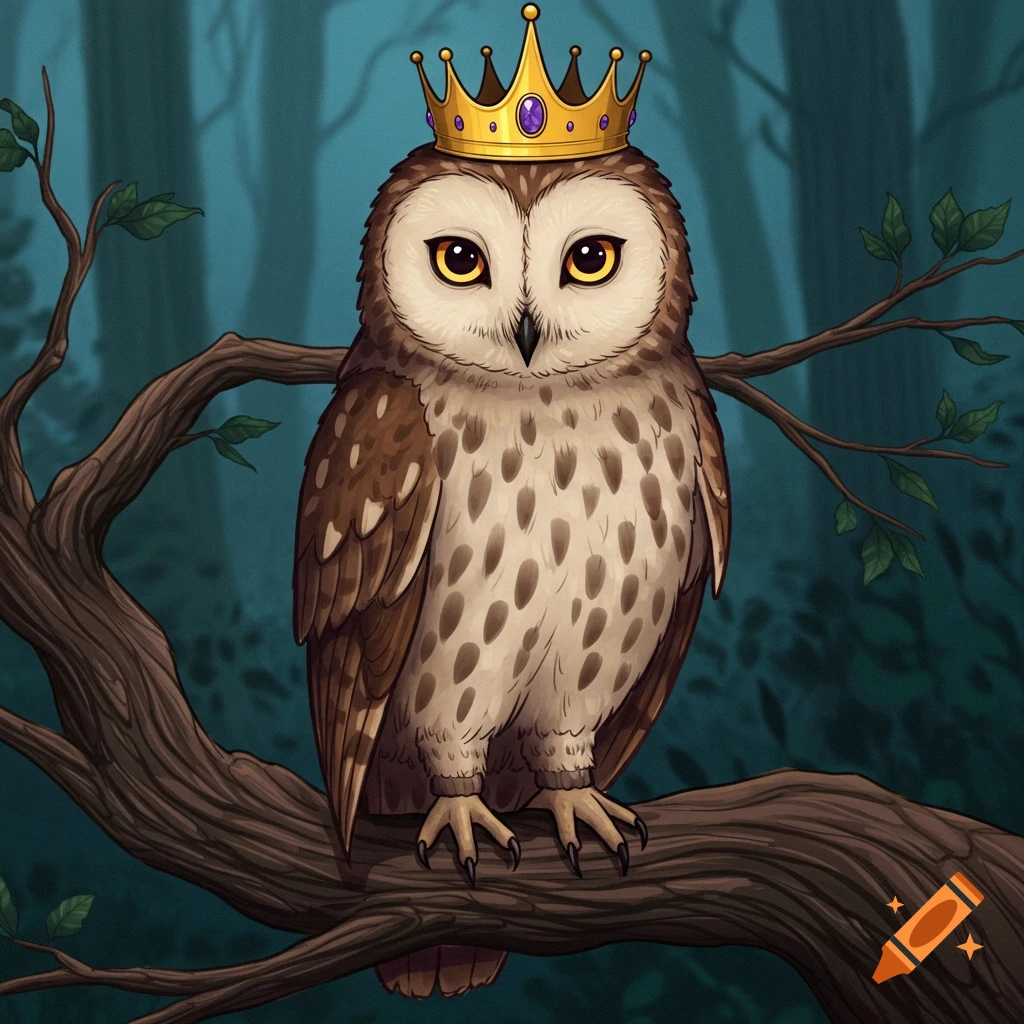 A brown and white owl wearing a golden crown with a purple jewel, perched on a tree branch in a dark forest, digital drawing.