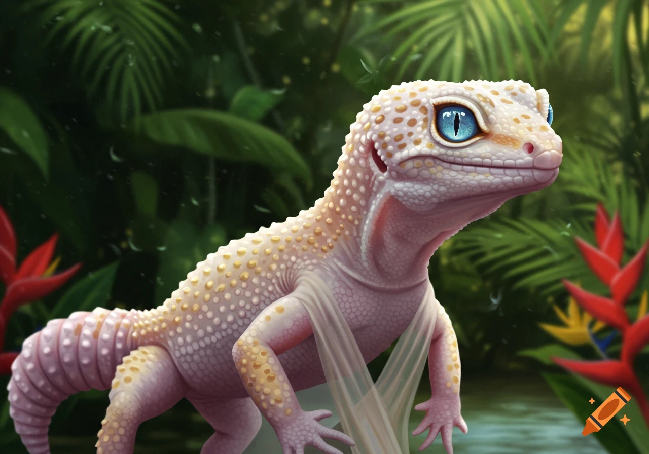 A white and yellow albino leopard gecko with bright blue eyes stands in a lush green jungle with red flowers, digital art.
