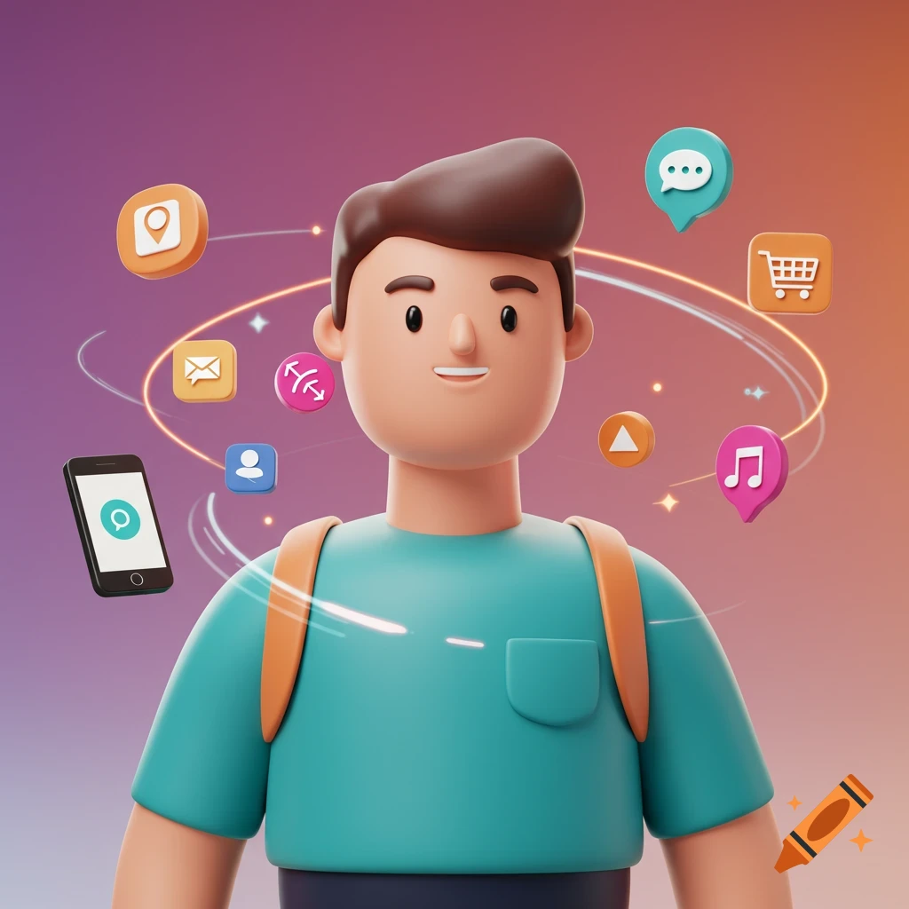 A 3D illustration of a cartoon man in a teal shirt with various app and digital service icons orbiting his head.