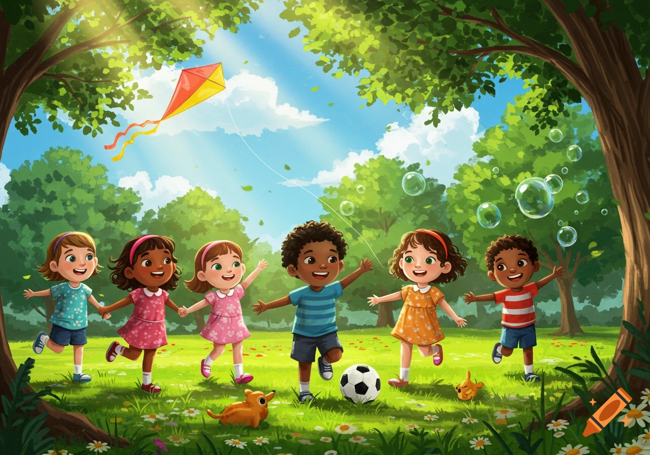 Six diverse children playing happily in an illustrated sunny park with a kite, bubbles, and a soccer ball.