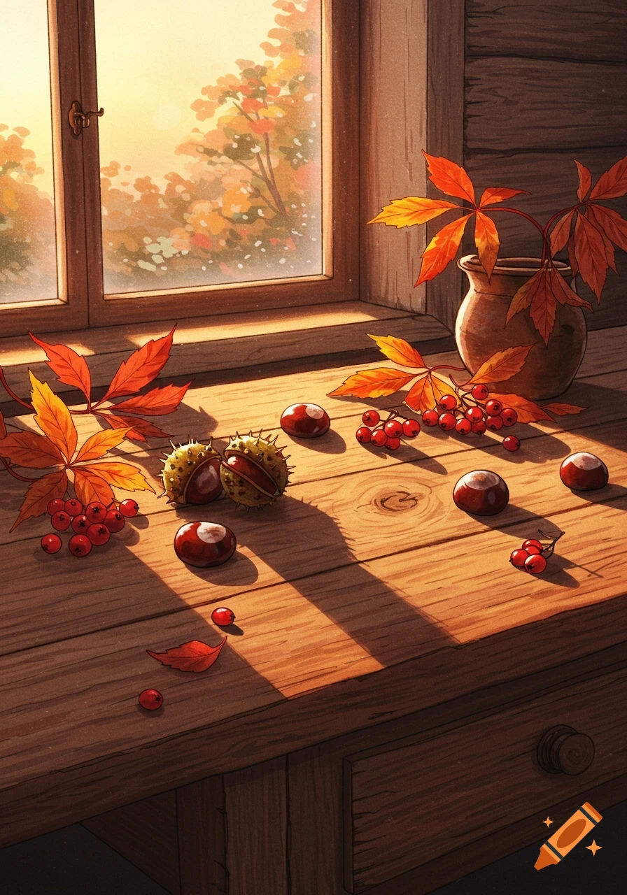 Realistic watercolor of autumn leaves, chestnuts, red berries on a wooden table by a window, bathed in warm sunset light.