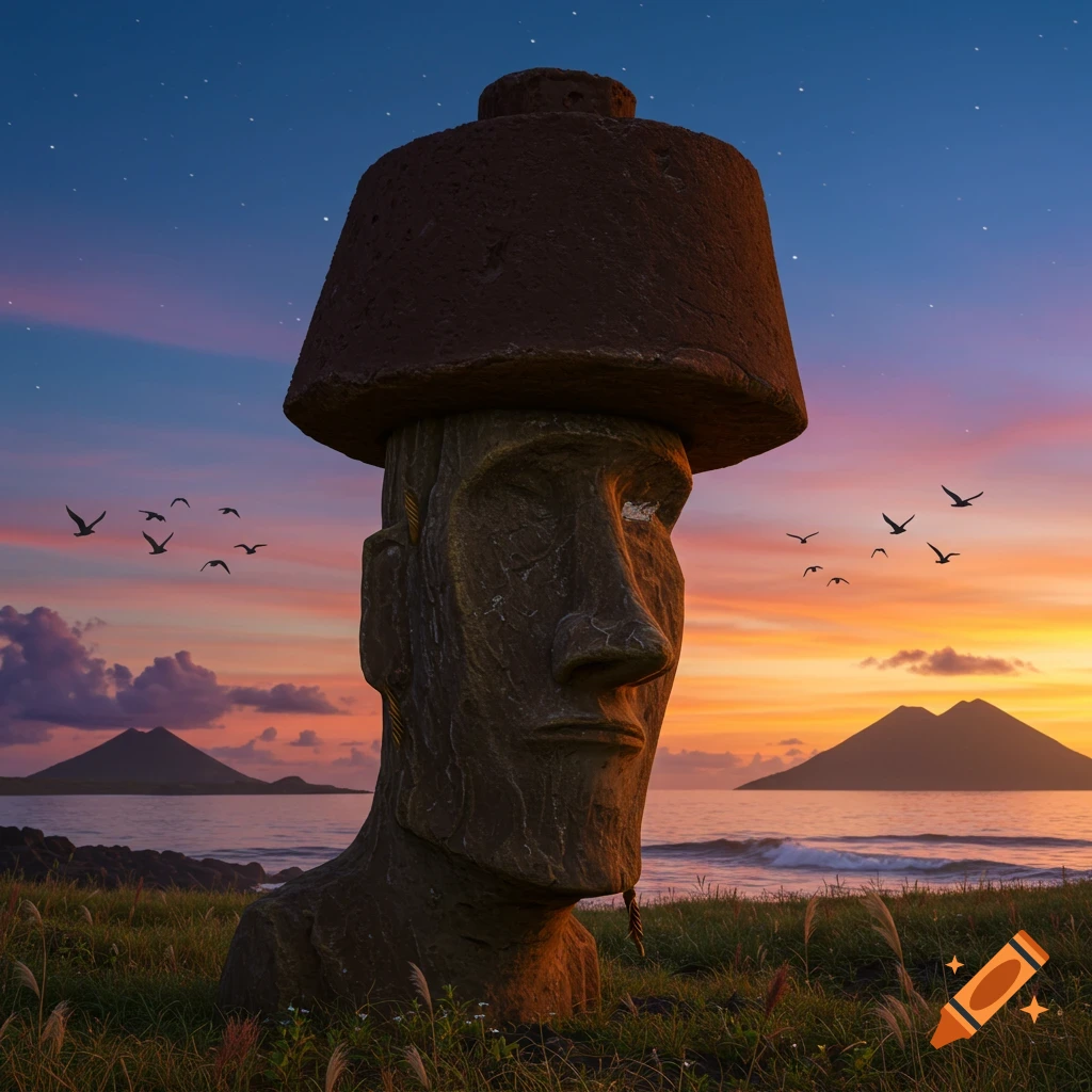 Photorealistic Moai statue with a stone hat on a grassy beach at sunset, with mountains and birds in the sky.