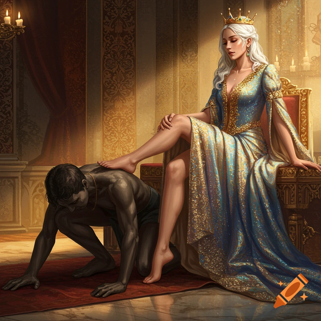 A fantasy illustration of a queen with long white hair and a gold crown sitting on a throne, resting her bare foot on the back of a kneeling servant.