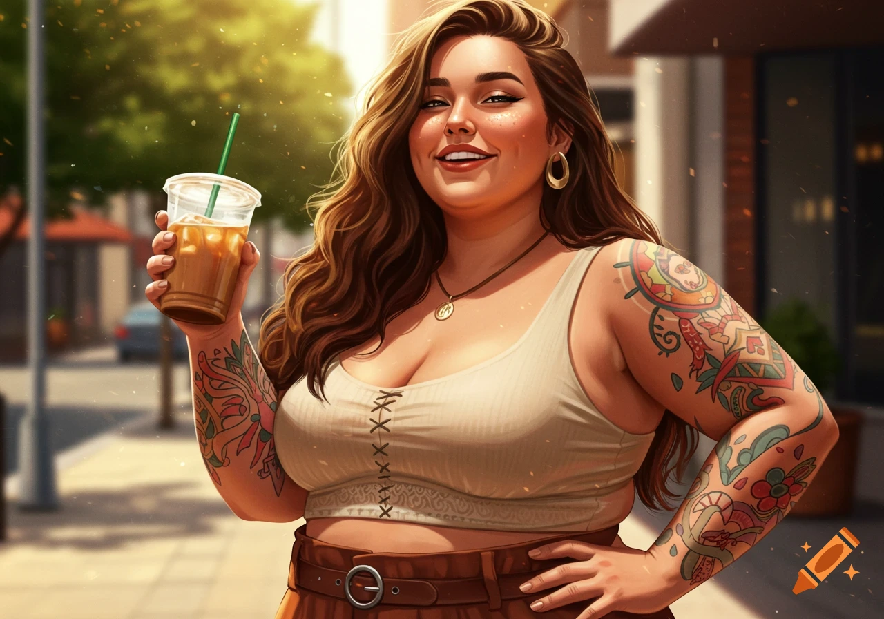 A smiling plus-size woman with brown hair and colorful tattoos holds an iced coffee on a sunny outdoor street.