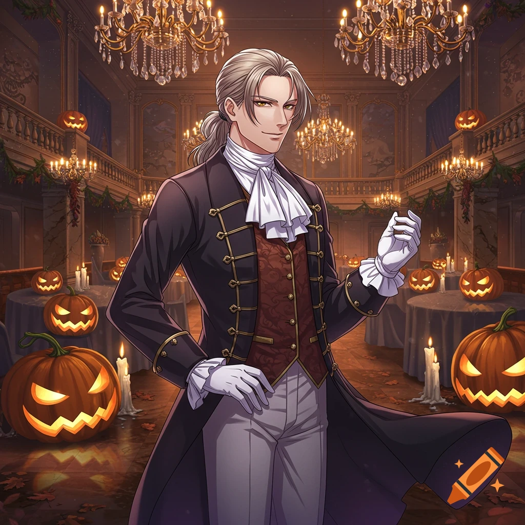 Anime illustration of a sophisticated noble male in 19th-century attire standing in a Halloween-decorated ballroom with jack-o'-lanterns.