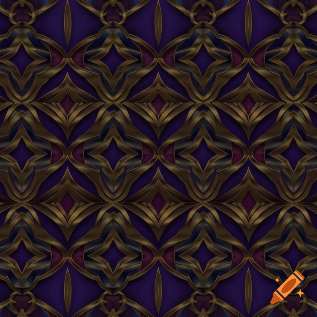 An ornate, symmetrical pattern in dark purple and gold, featuring intricate, interwoven shapes.
