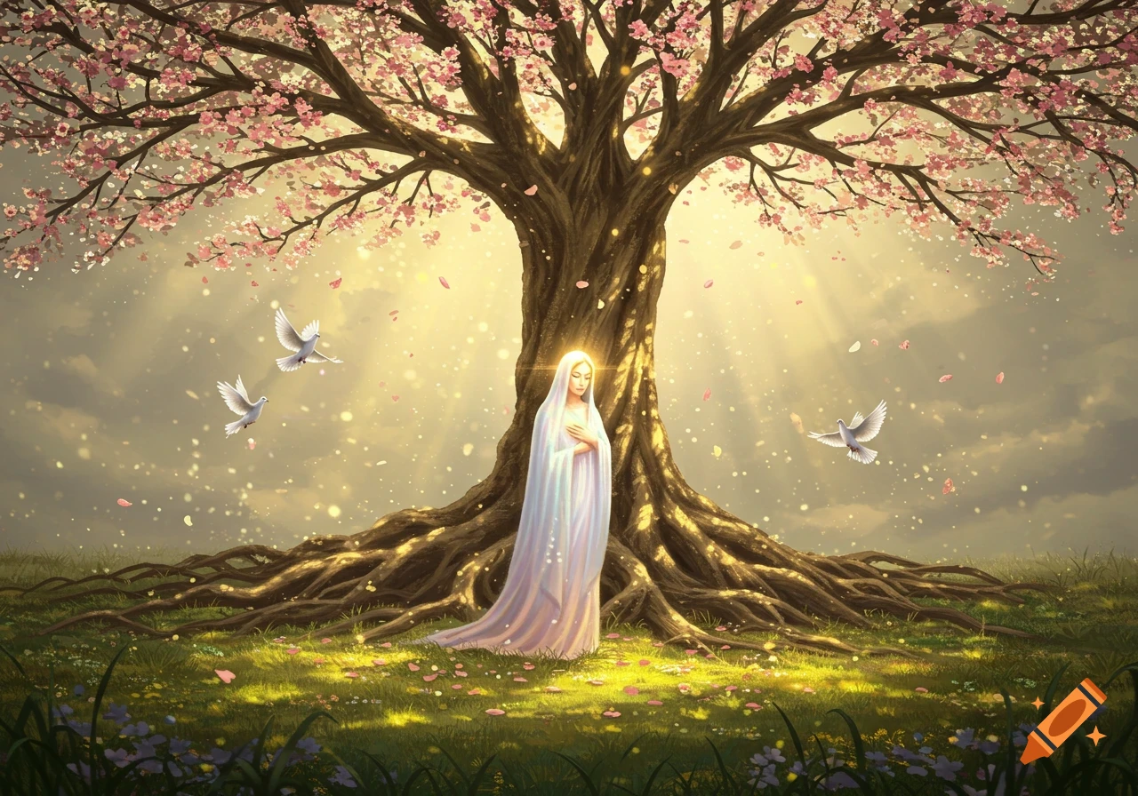A serene figure in white robes stands under a large cherry blossom tree in a grassy field with doves and golden light, spiritual fantasy art.