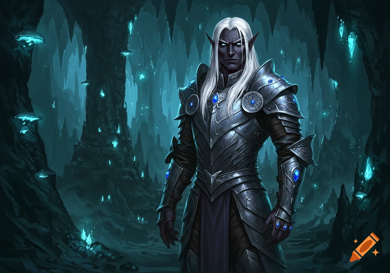 A dark elf warrior with long white hair and glowing blue eyes, wearing elaborate silver armor with blue gems, stands in a glowing crystal cave.