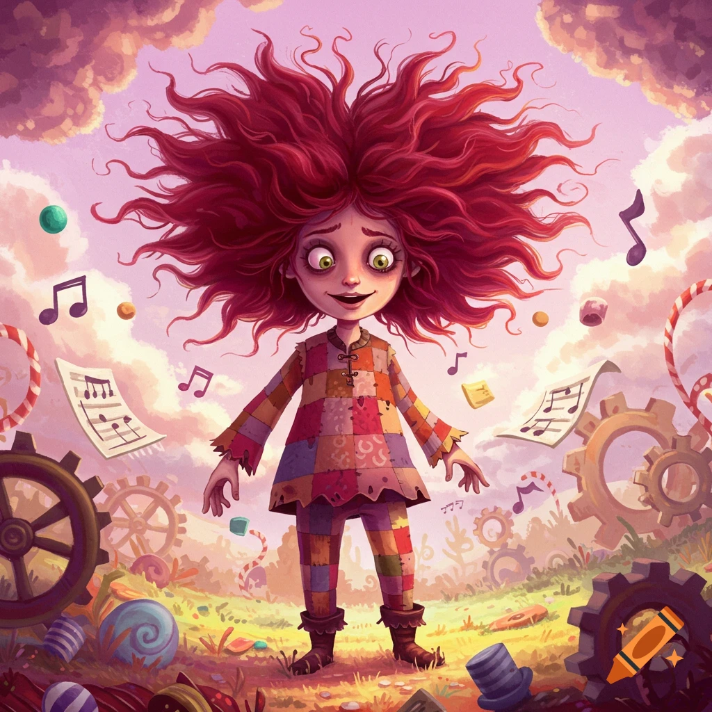 A whimsical character with huge, messy red hair and a patchwork outfit stands in a fantasy land with musical notes, gears, and candies.