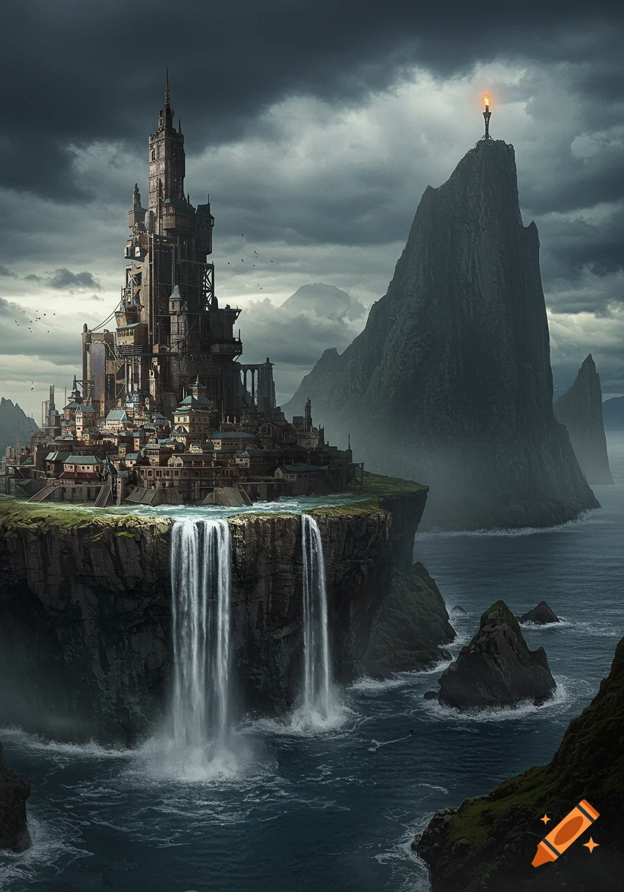 A dystopian steampunk city on a cliff island with waterfalls, facing a torch-lit dark mountain under a stormy sky.