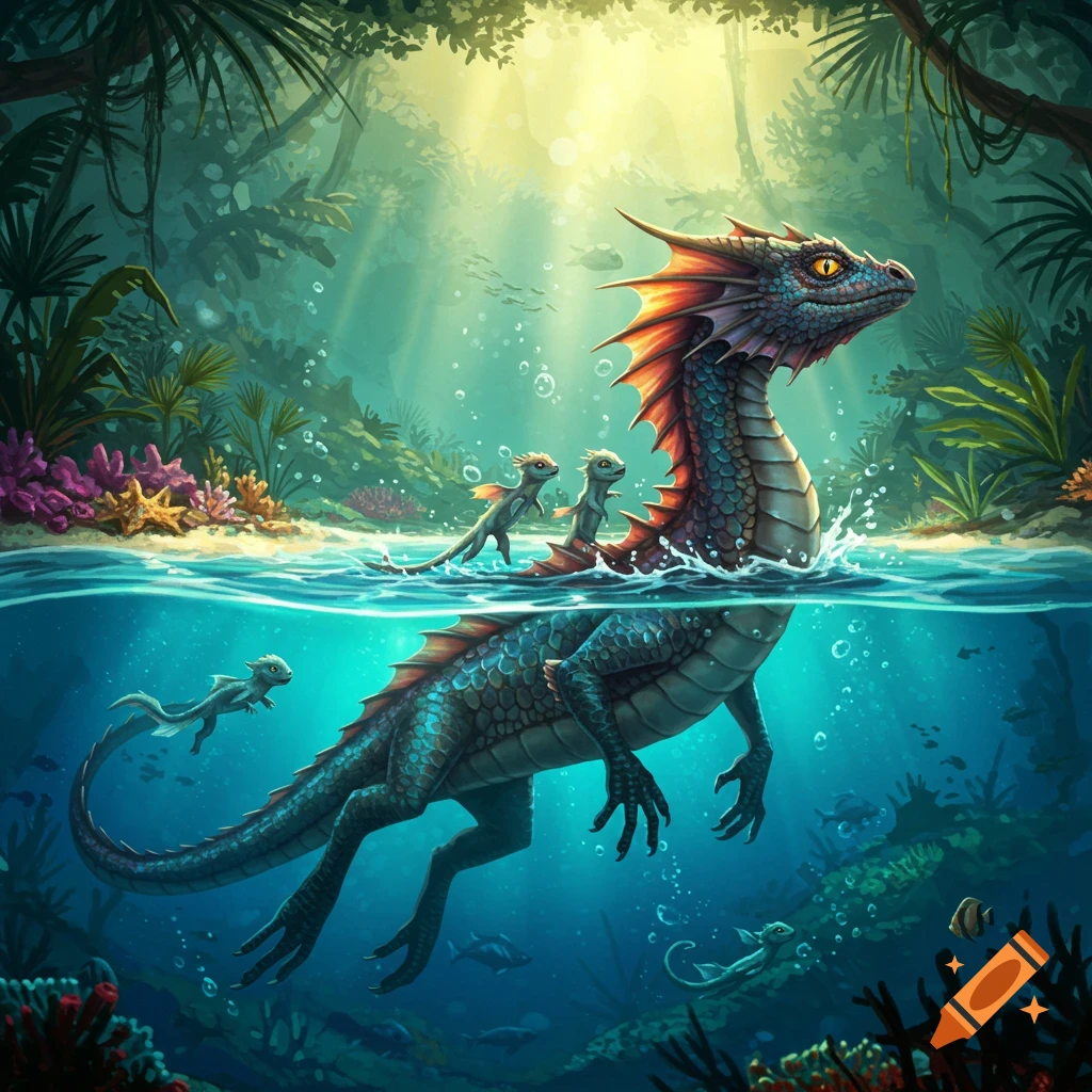 A large, colorful water dragon with its babies swims in a vibrant, sunlit underwater jungle scene.