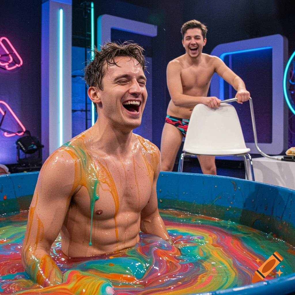 Two laughing men in a TV studio, one covered in colorful slime in a blue tub, the other standing behind a chair.