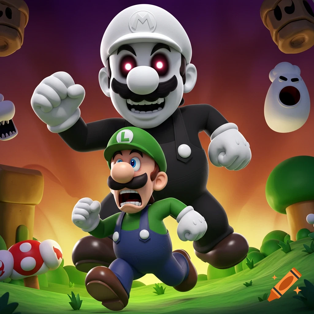 Luigi, terrified, runs through a vibrant green landscape as a large, ghostly Mario with glowing red eyes chases him from behind.