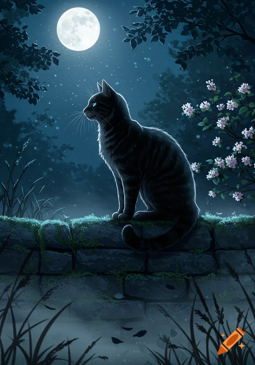 A stylized black cat with blue eyes sits on a mossy stone wall under a full moon at night, surrounded by trees and white flowers.