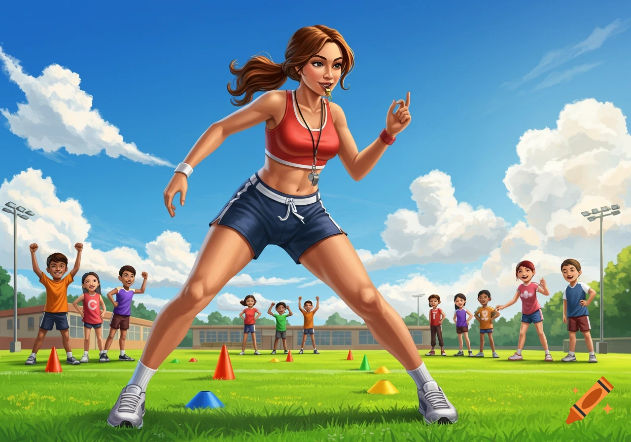 A vibrant illustration of a female physical education teacher in a sports bra and shorts leading a group of children on a sunny green field with colorful cones.