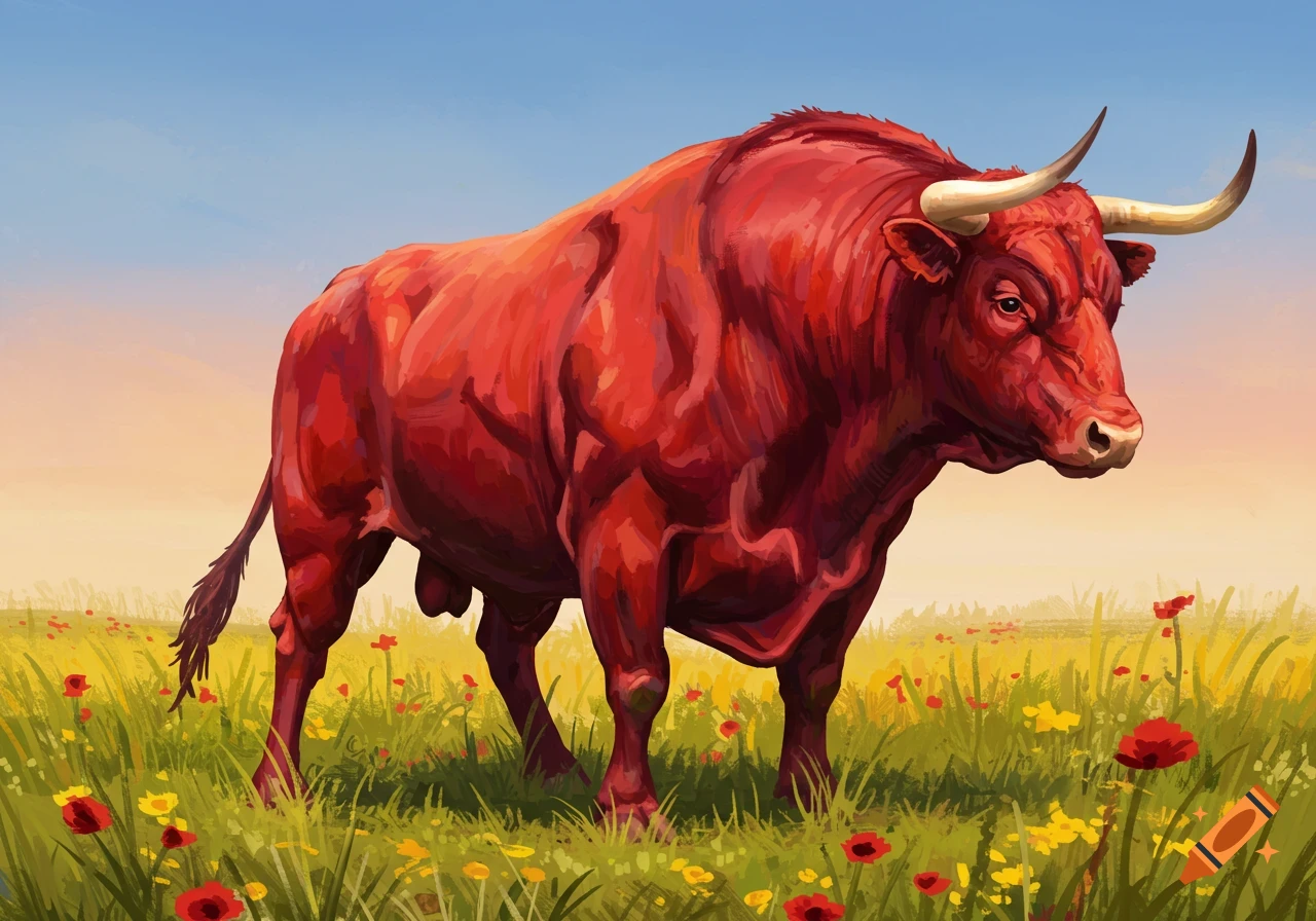 A vibrant red bull with horns stands in a green field with colorful flowers under a bright sky, in a painterly style.